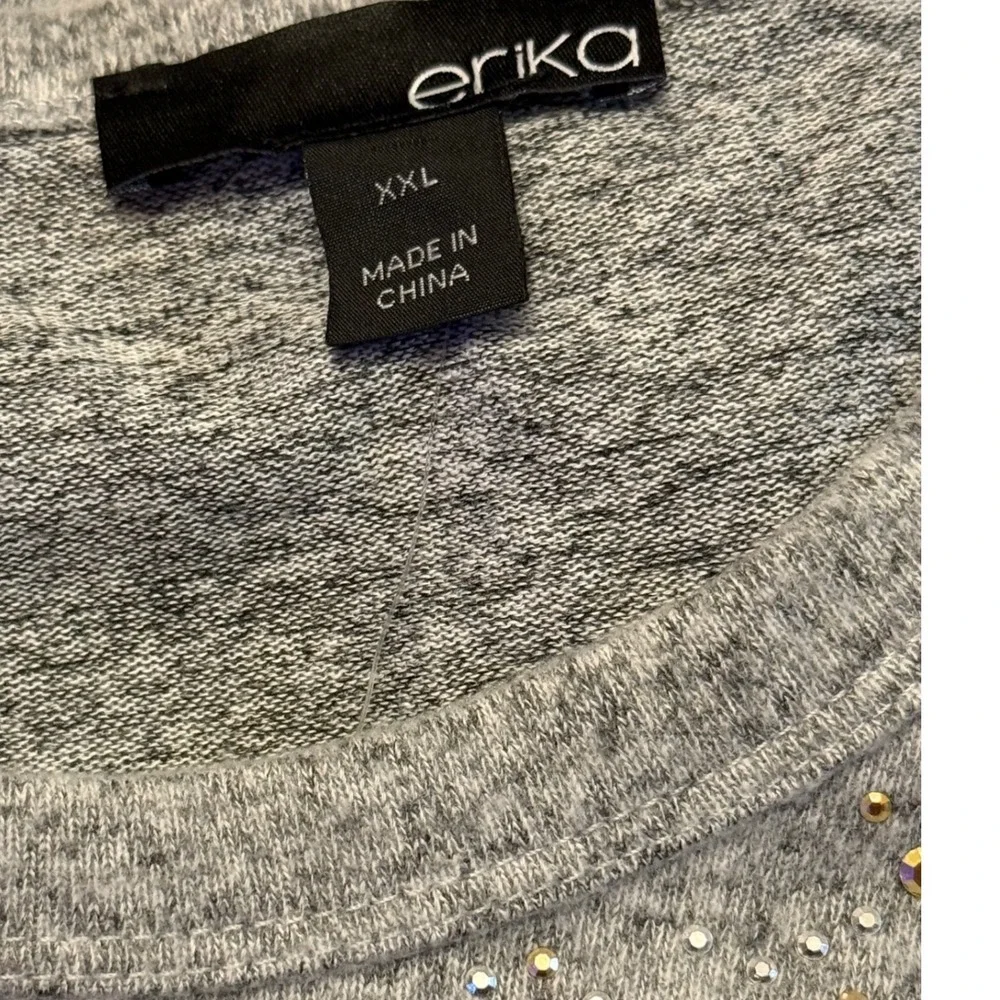 Erika Women's Grey Heathered‎ Long Sleeve Rhinestone Embellished Tunic Top XXL